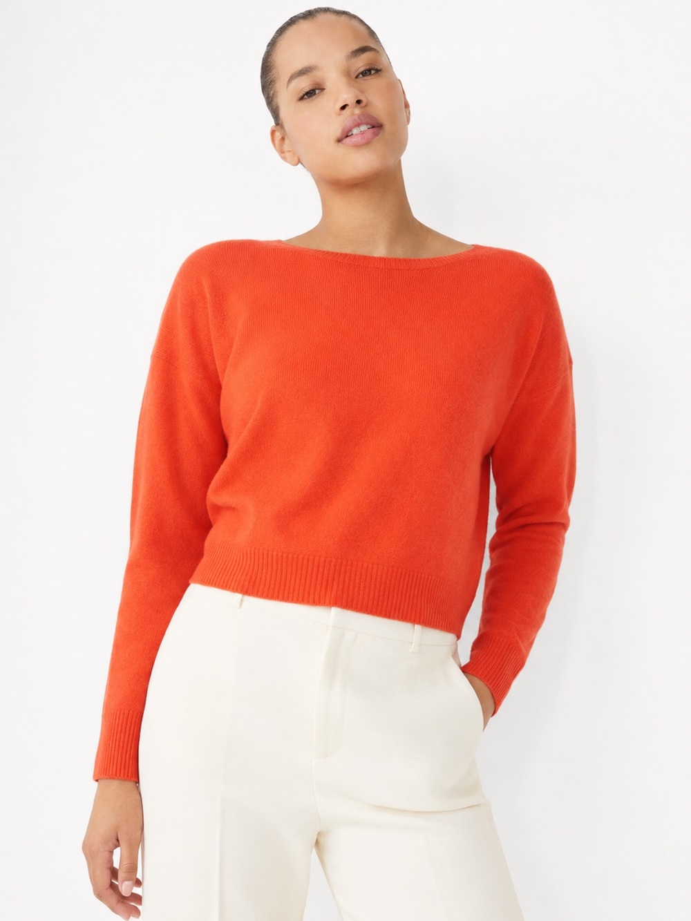 J Crew Cashmere Crop Fit Popover Crewneck  Sweater - Vibrant Orange NEW $118